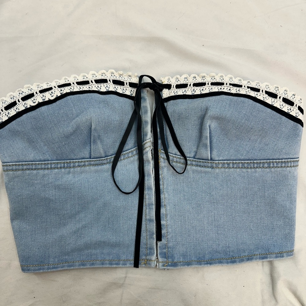Denim Strapless Lace-Trim Bustier Top - Light Blue
